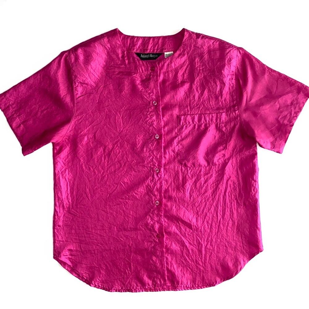 Vintage Ashleigh Morgan ‘80s Pink Crinkled Polyester Button Front Shirt Medium